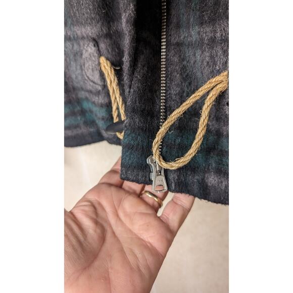 Hinge Wool Blend hooded jacket black green Tartan Plaid xsmall - Picture 12 of 13